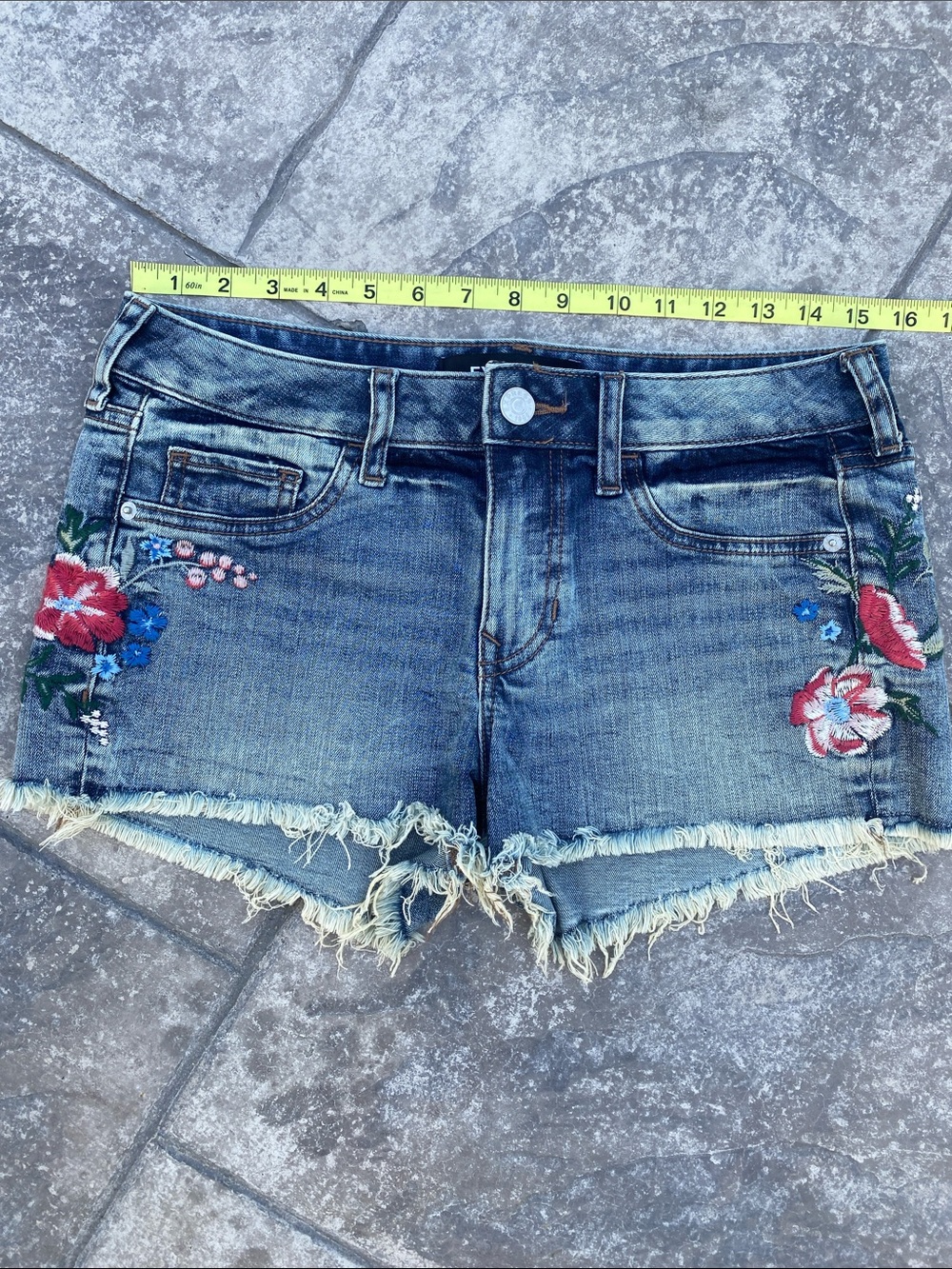 EXPRESS Denim Embroidered Frayed Hem Women's Shorts - Blue